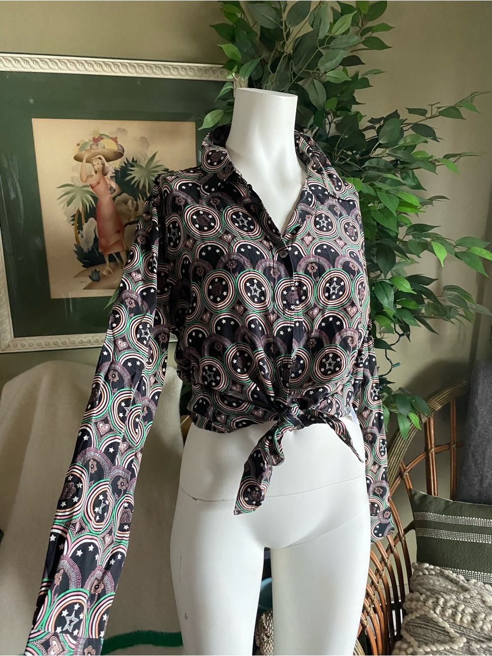 Equipment Silk Printed Long-Sleeve Button-Up Top